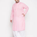Men's Plus Size Pink Chikankari Embroidered Kurta And White Dhoti Set
