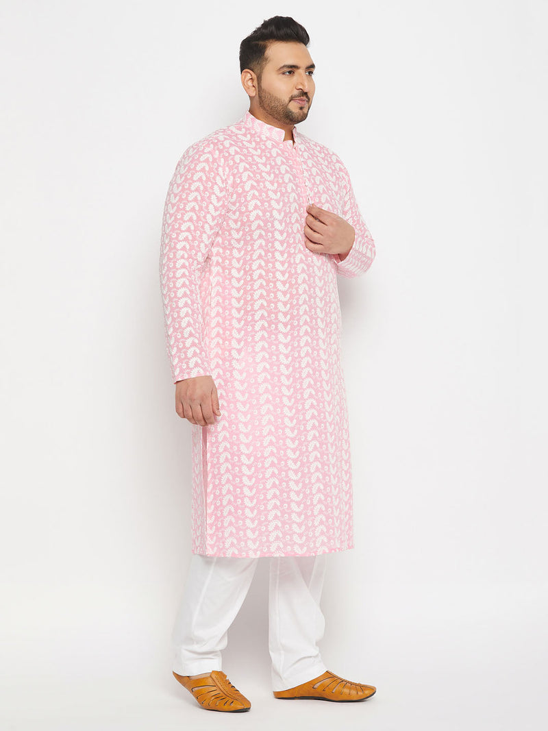 Men's Plus Size Pink Chikankari Embroidered Kurta And White Cotton Pant Style Pyjama Set