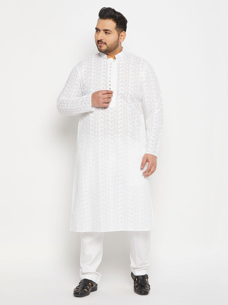 Men's Plus Size White Chikankari Embroidered Kurta And White Cotton Pant Style Pyjama Set