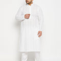 Men's Plus Size White Chikankari Embroidered Kurta And White Cotton Pant Style Pyjama Set
