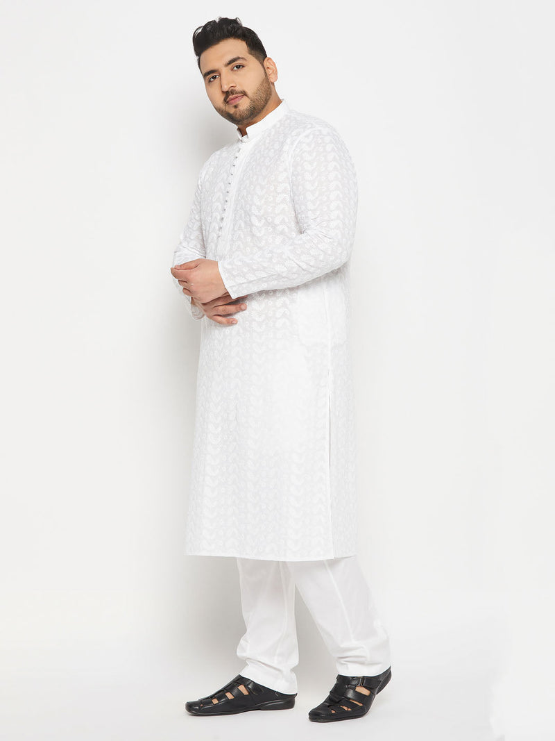 Men's Plus Size White Chikankari Embroidered Kurta And White Cotton Pant Style Pyjama Set