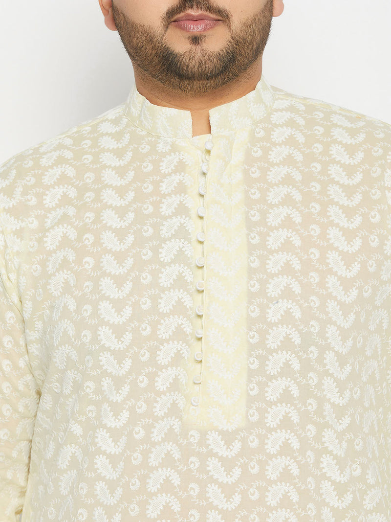 Men's Plus Size Yellow Chikankari Embroidered Kurta And White Cotton Pant Style Pyjama Set