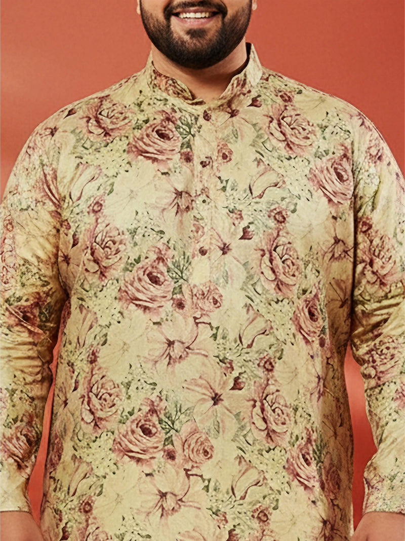 Men's Beige Printed Kurta with Cream Pyjama