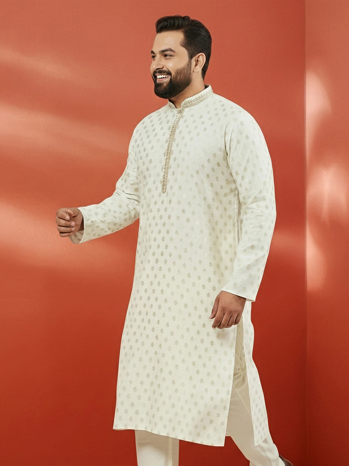 Men's Cream Silk Jacquard Kurta