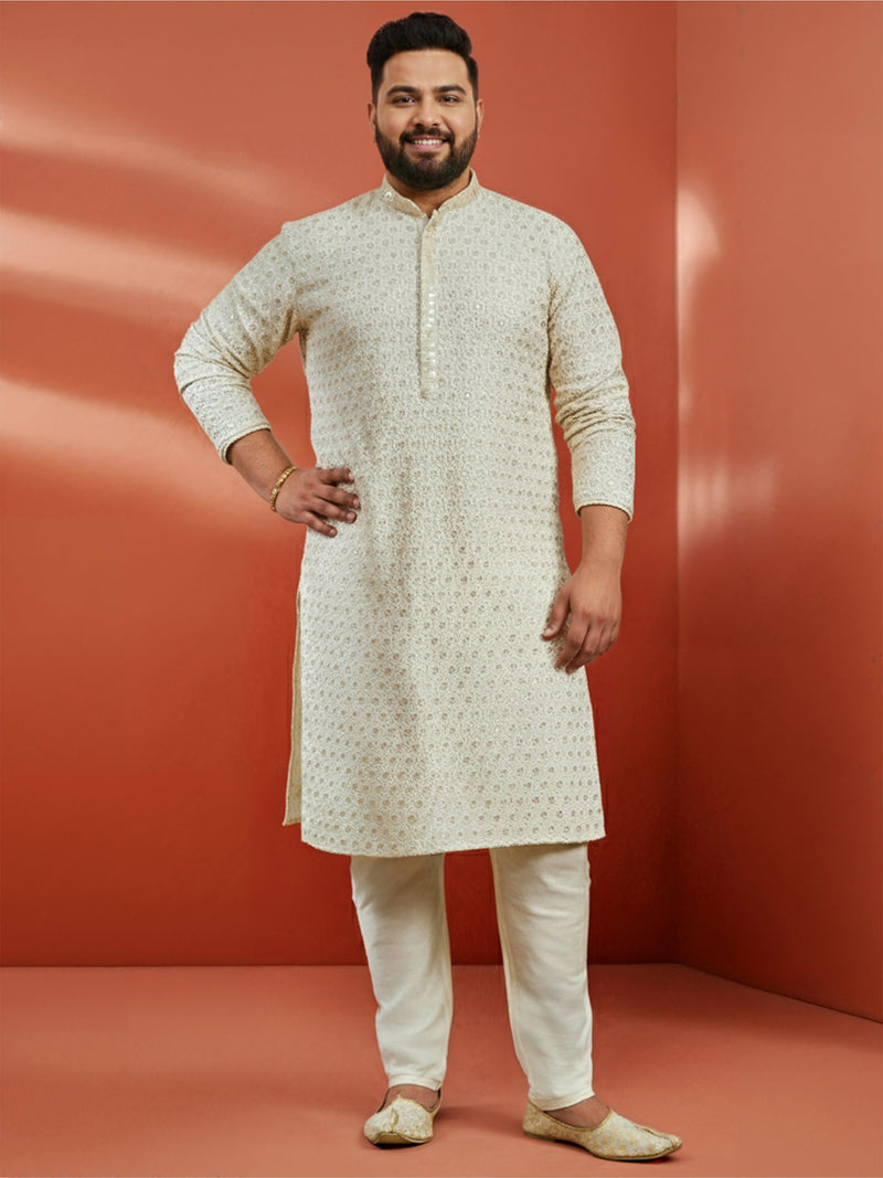 Men's Off White Sequin Embroidered Kurta with Cream Pant