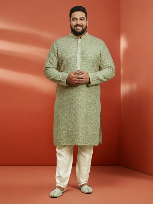 Men's Pista Green Sequin Kurta with Cream Trousers