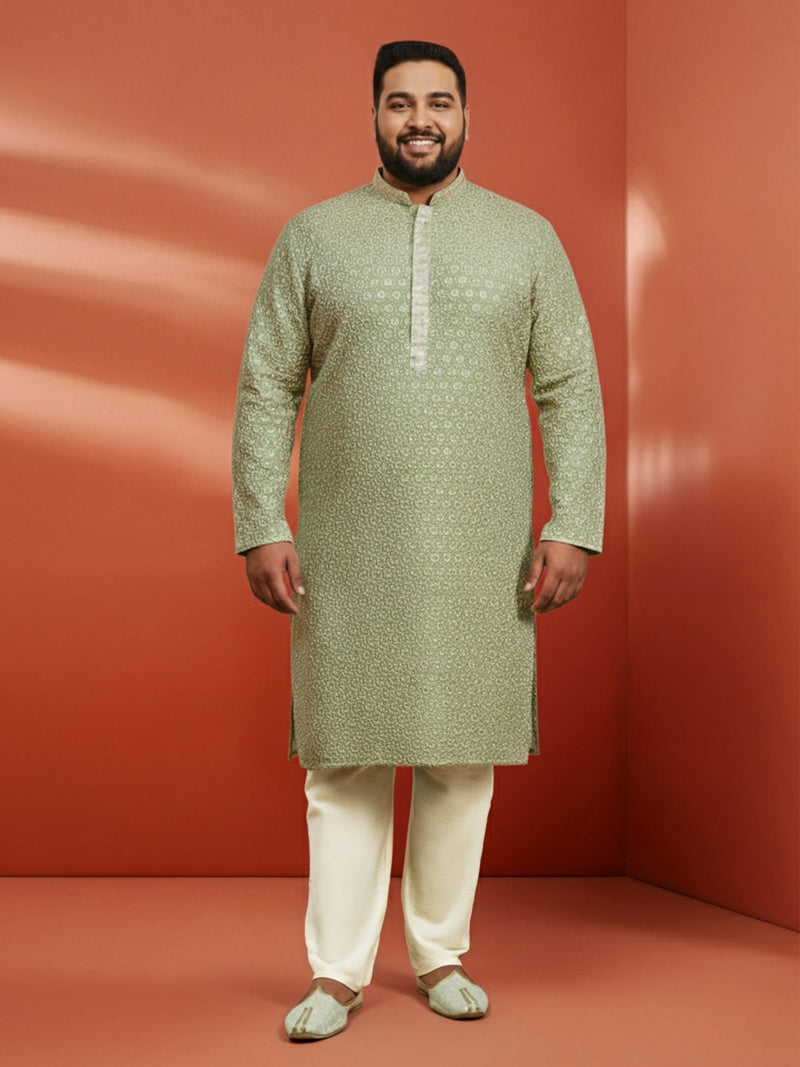 Men's Pista Green Sequin Kurta with Cream Trousers