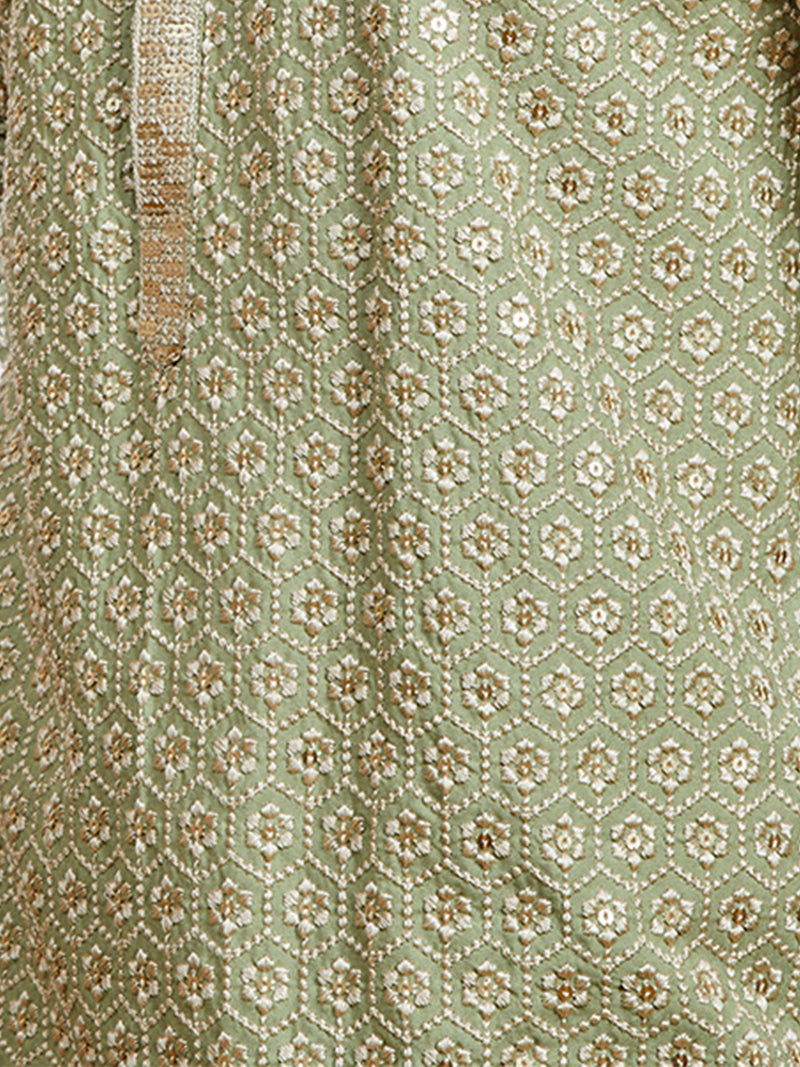 Men's Pista Green Sequin Kurta with Cream Trousers