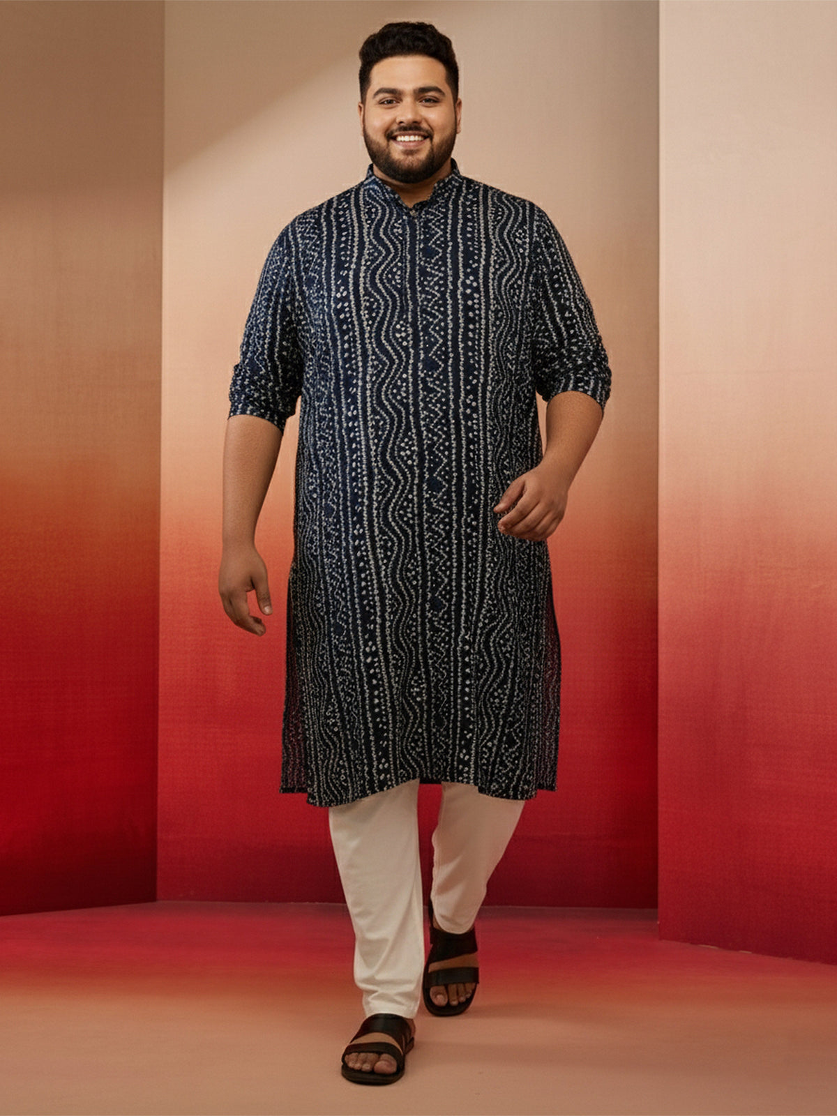 Men's Blue Bandhani Print Kurta with Cream Pyjama