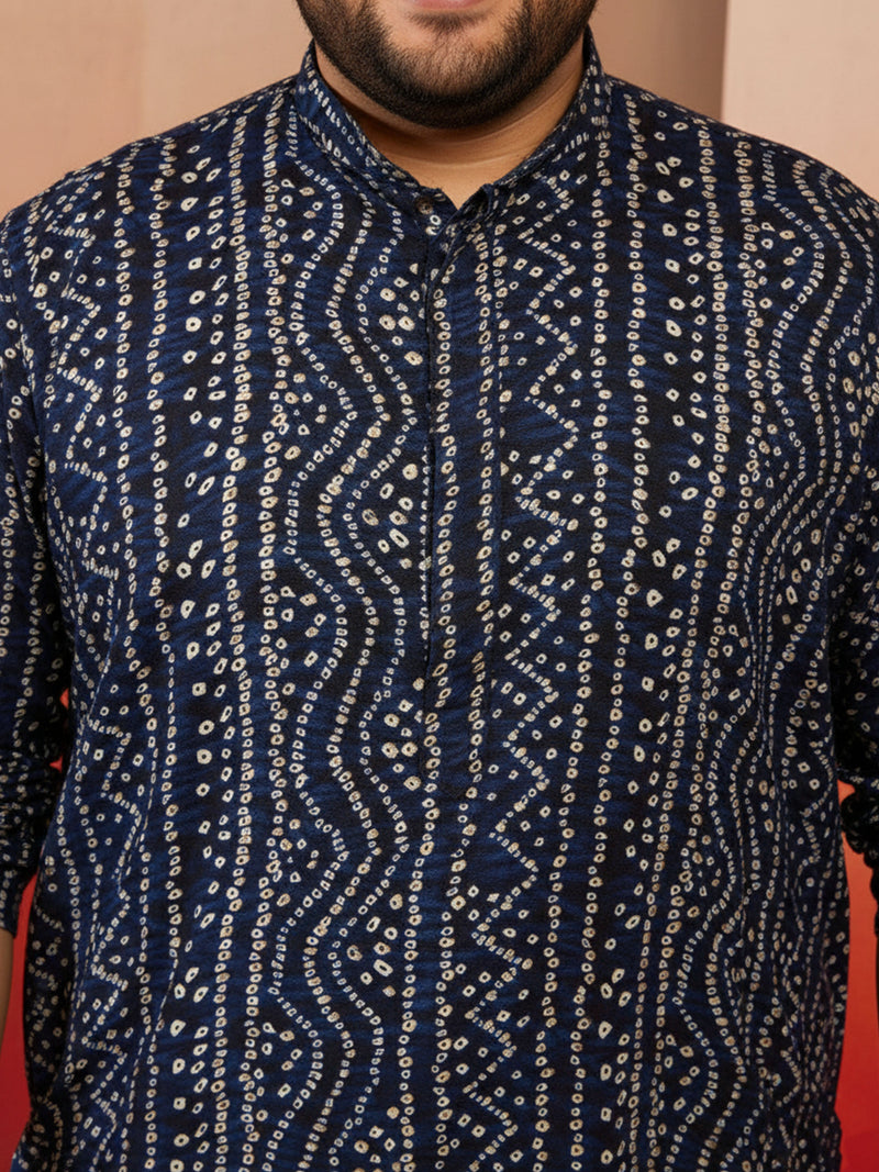Men's Blue Bandhani Print Kurta with Cream Pyjama