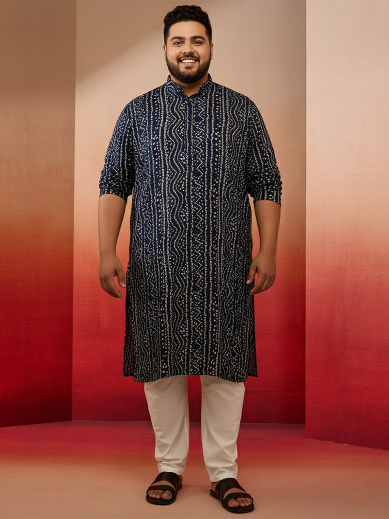 Men's Blue Bandhani Print Kurta with Cream Pyjama