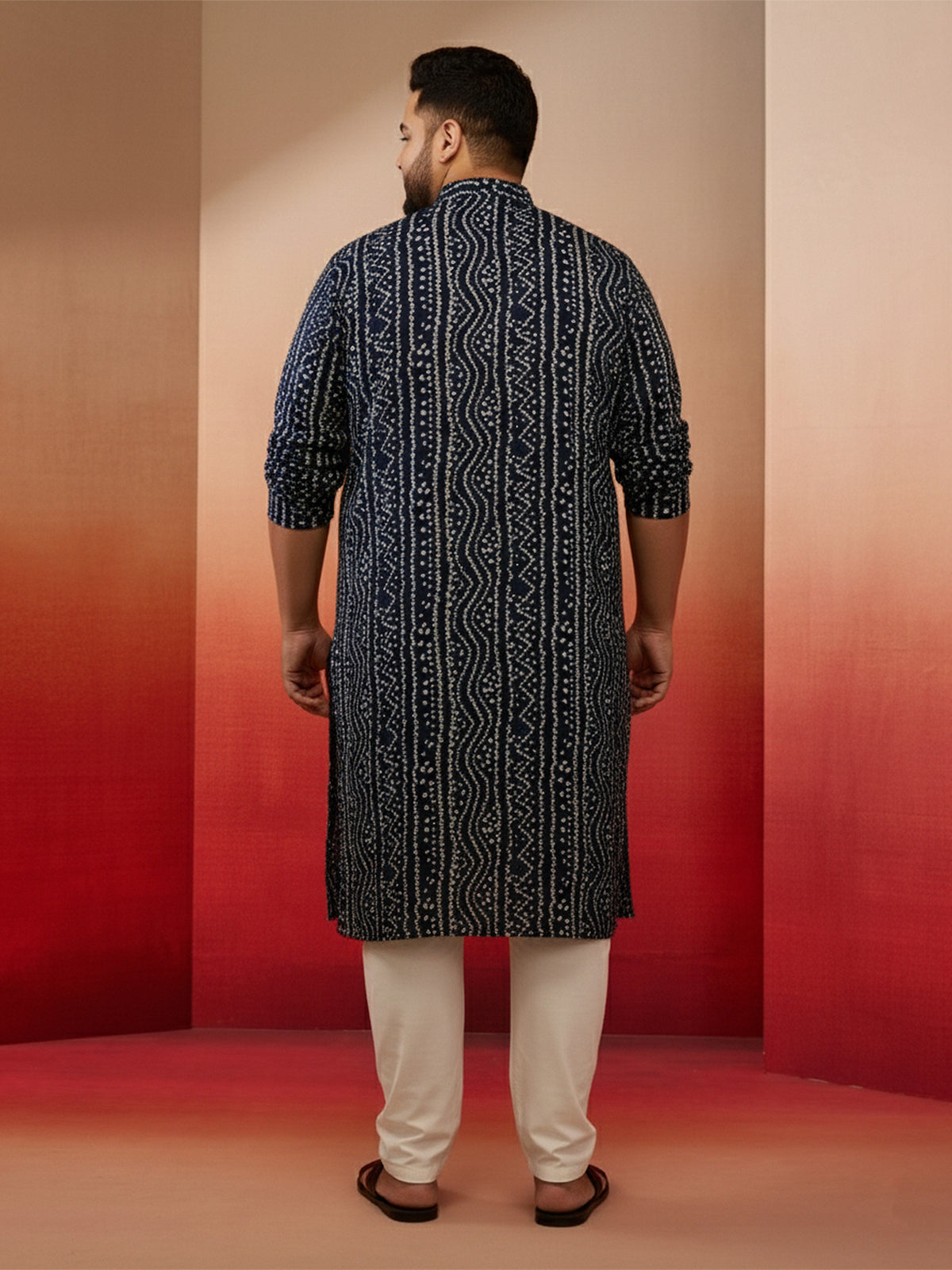Men's Blue Bandhani Print Kurta with Cream Pyjama