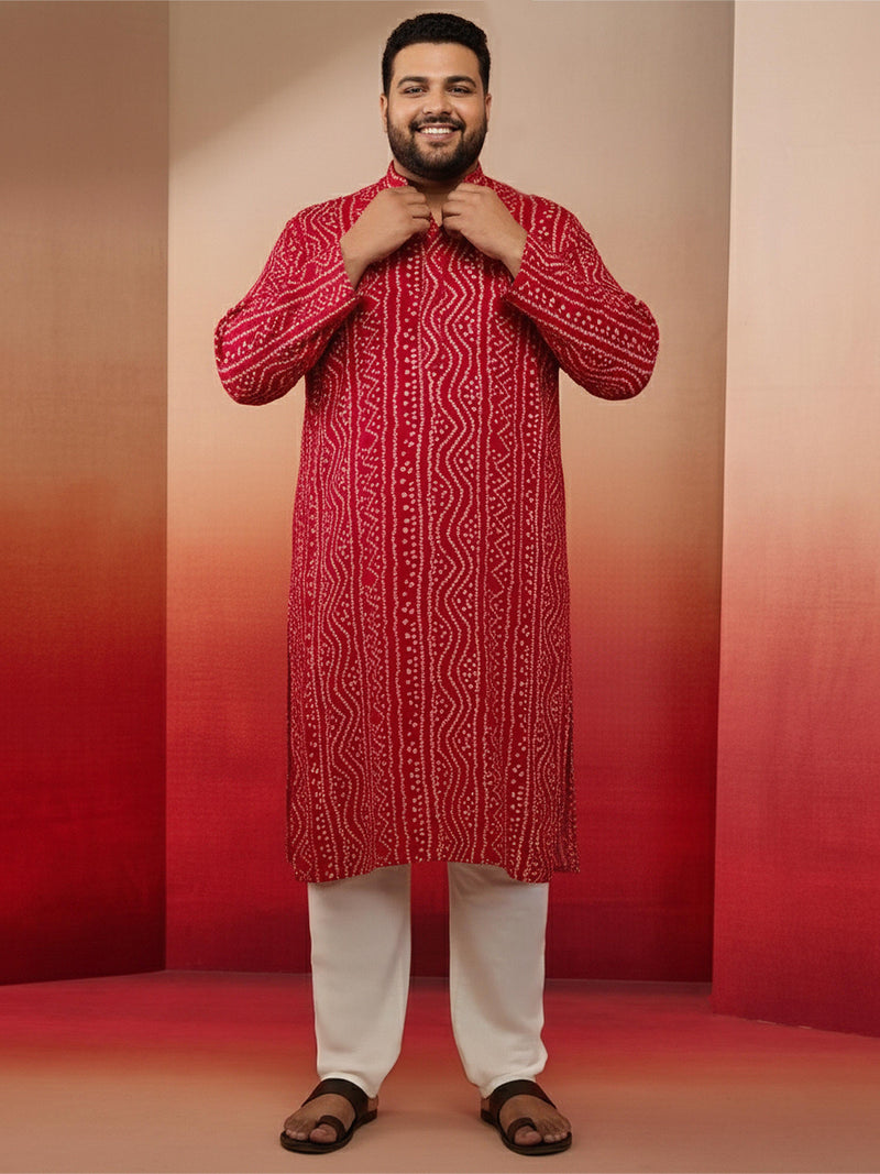 Men's Pink Bandhani Print Kurta with Cream Pyjama
