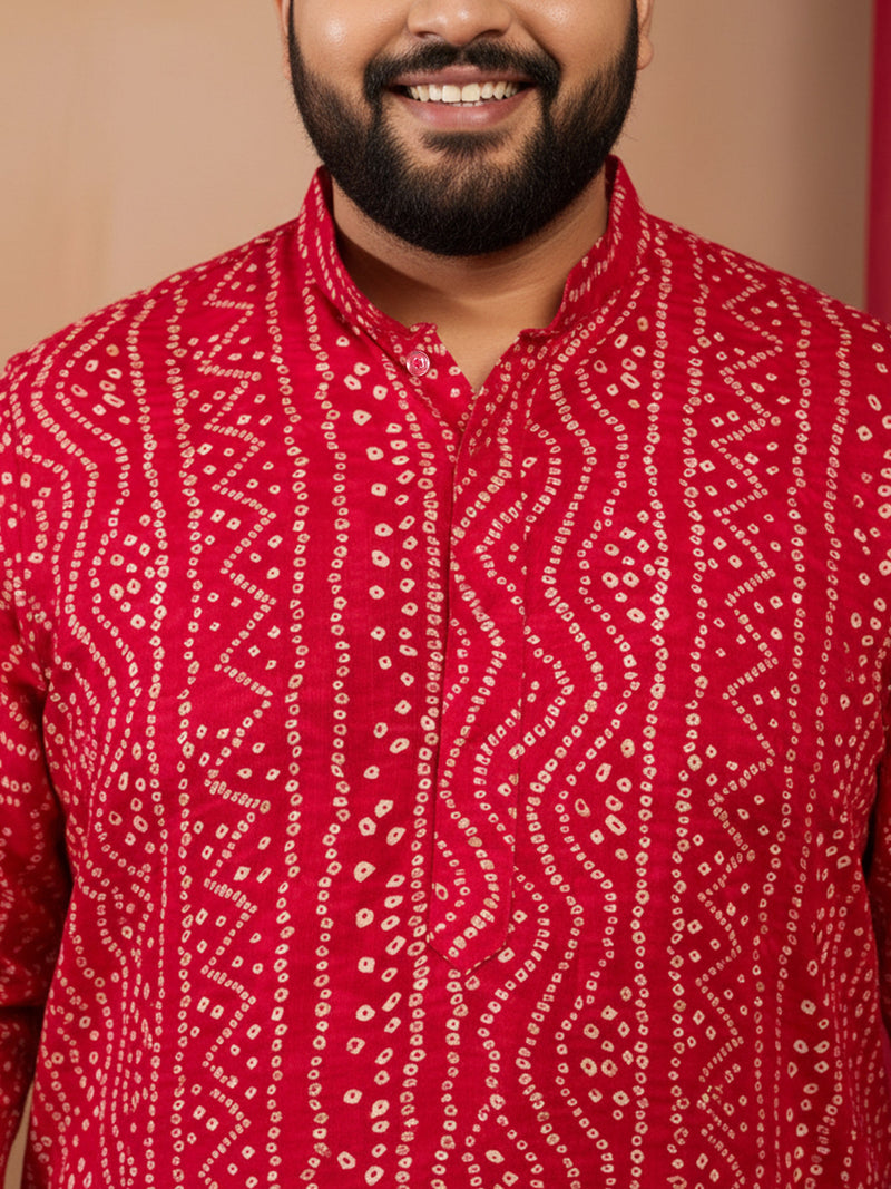 Men's Pink Bandhani Print Kurta with Cream Pyjama