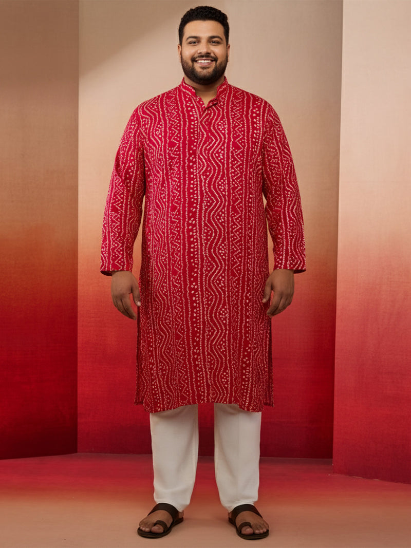 Men's Pink Bandhani Print Kurta with Cream Pyjama