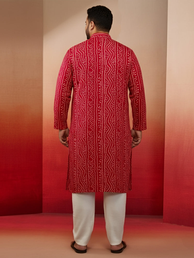 Men's Pink Bandhani Print Kurta with Cream Pyjama