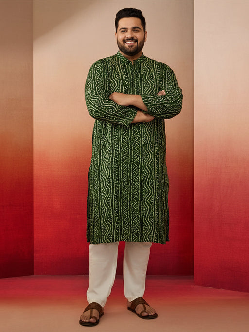 Men's Green Bandhani Kurta with Cream Pyjama