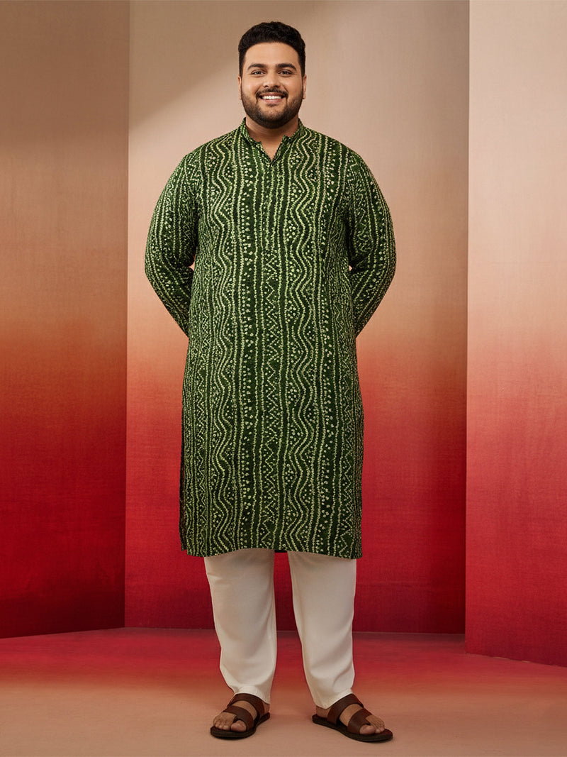 Men's Green Bandhani Kurta with Cream Pyjama