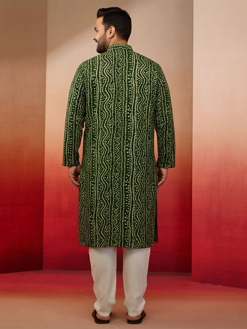 Men's Green Bandhani Kurta with Cream Pyjama