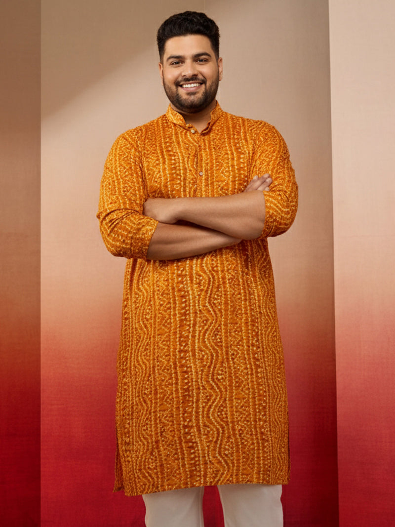 Men's Plus Mustard Bandhani Kurta