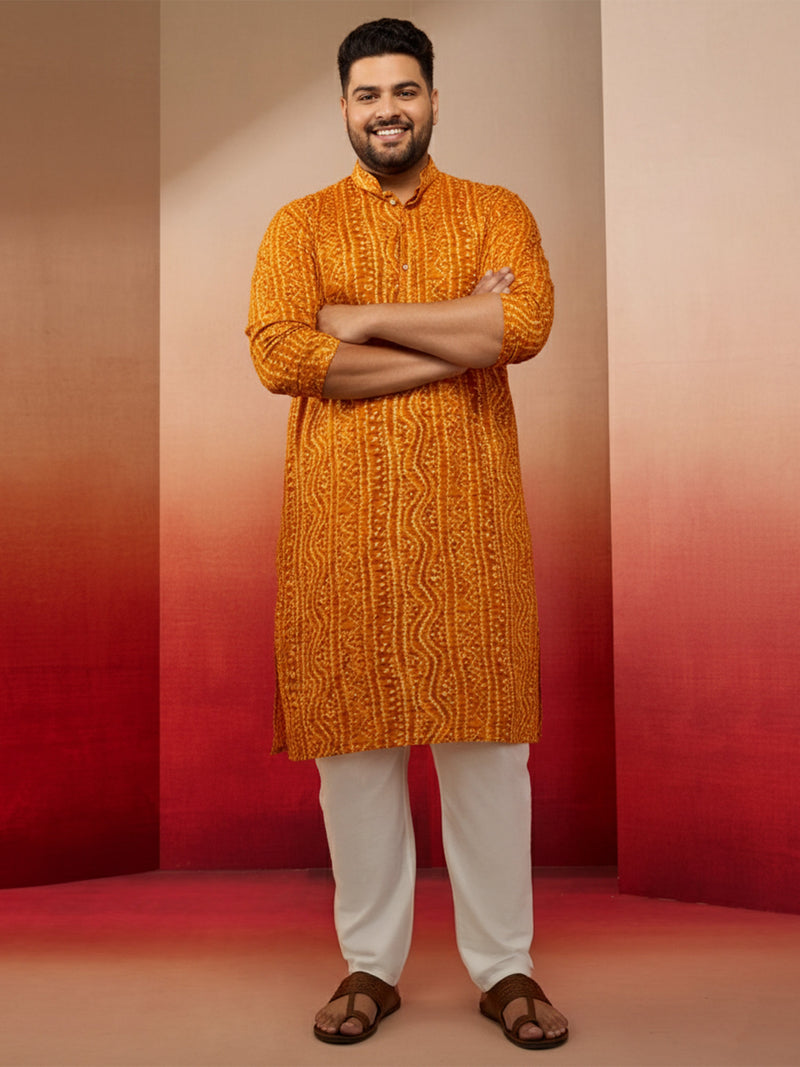 Men's Mustard Bandhani Print Kurta with Cream Pyjama