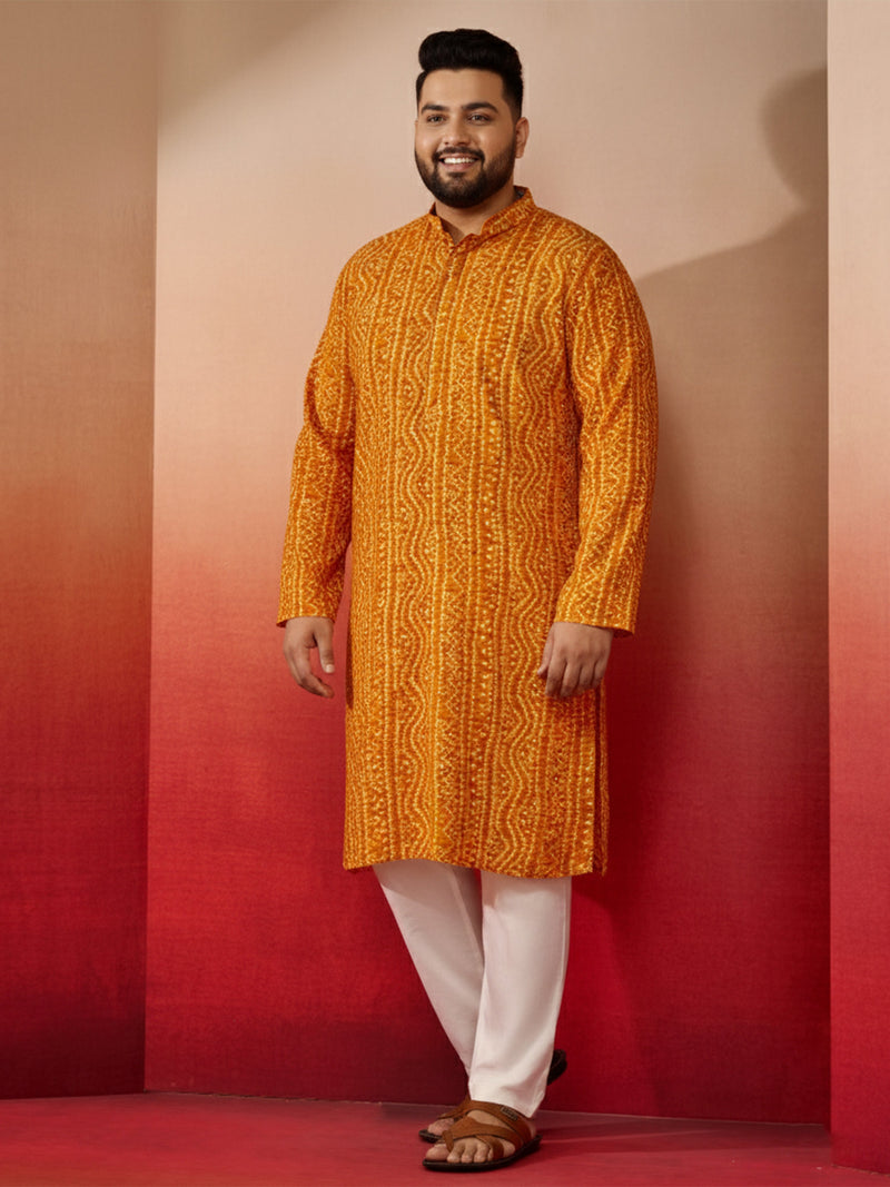 Men's Mustard Bandhani Print Kurta with Cream Pyjama