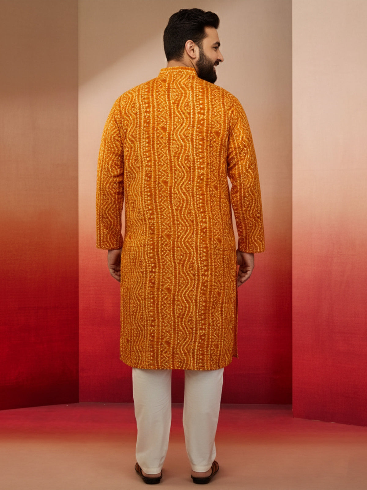 Men's Mustard Bandhani Print Kurta with Cream Pyjama