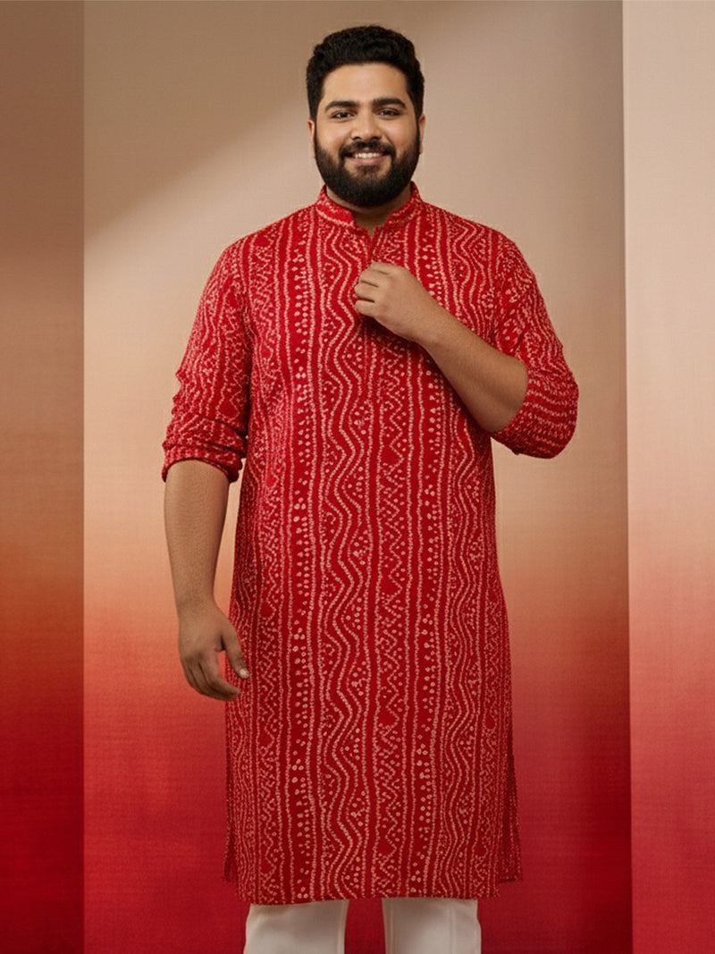 Men's Plus Red Bandhani Kurta