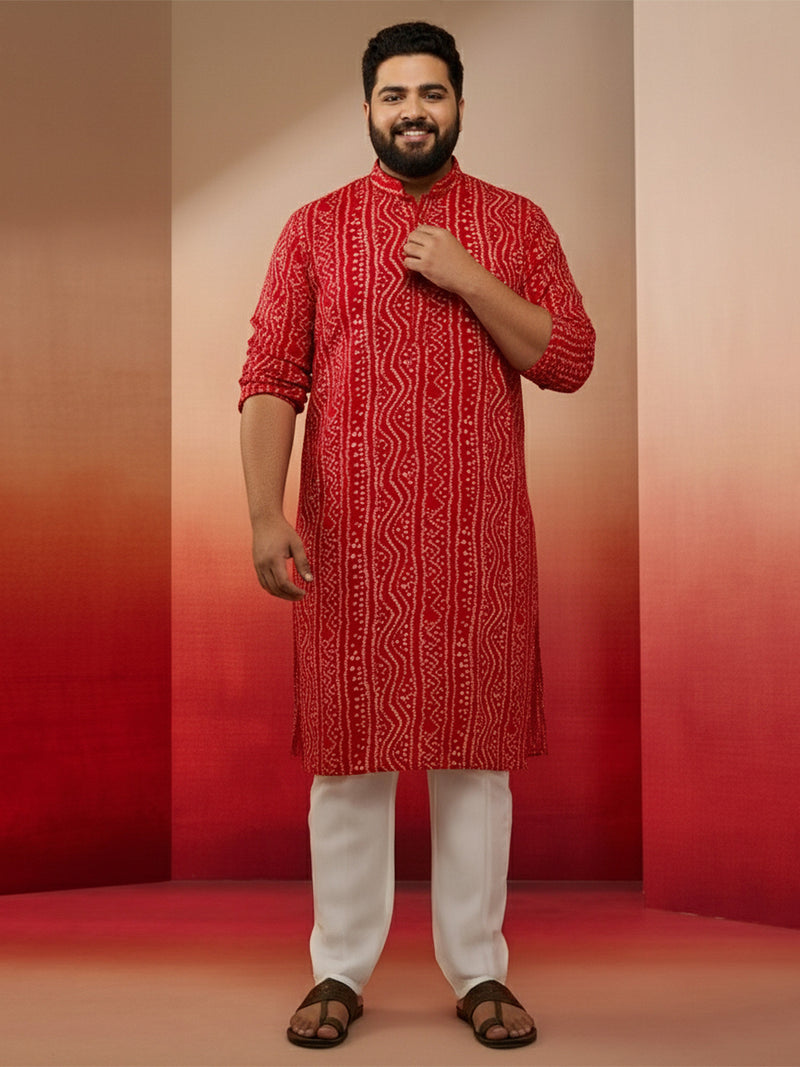 Men's Red Bandhani Print Kurta with Cream Pyjama