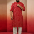 Men's Red Bandhani Print Kurta with Cream Pyjama