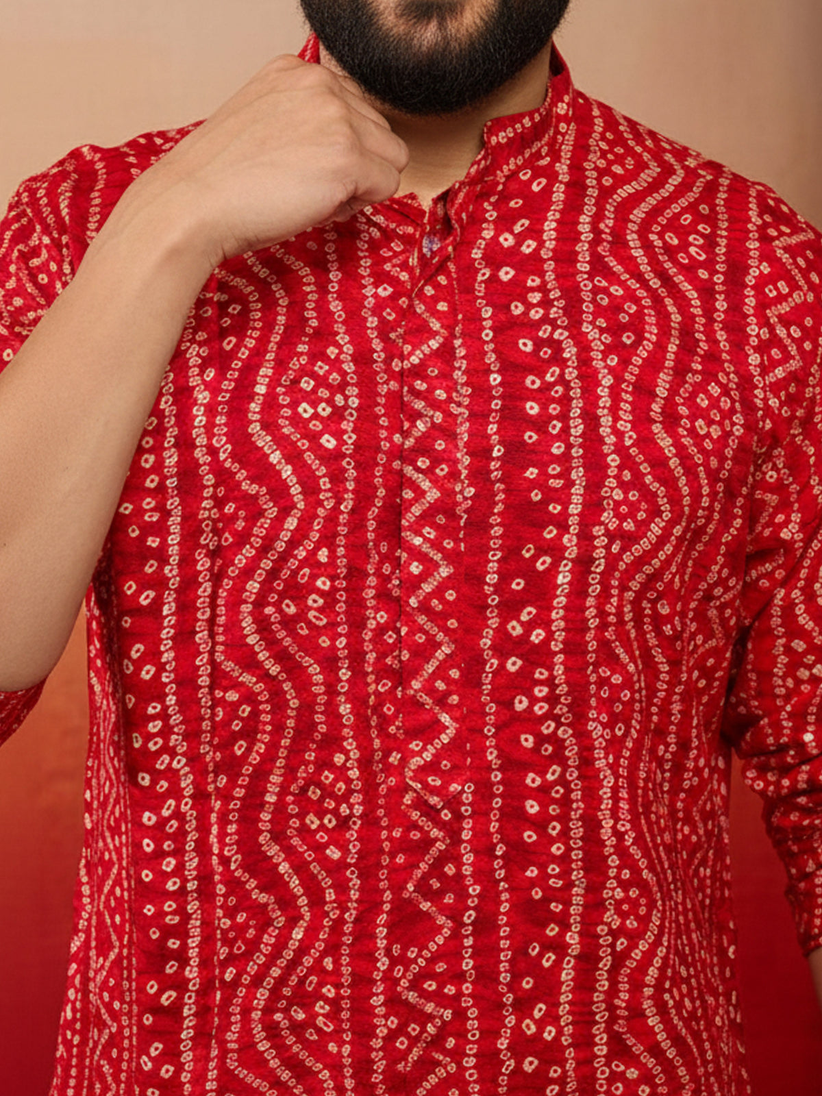 Men's Red Bandhani Print Kurta with Cream Pyjama