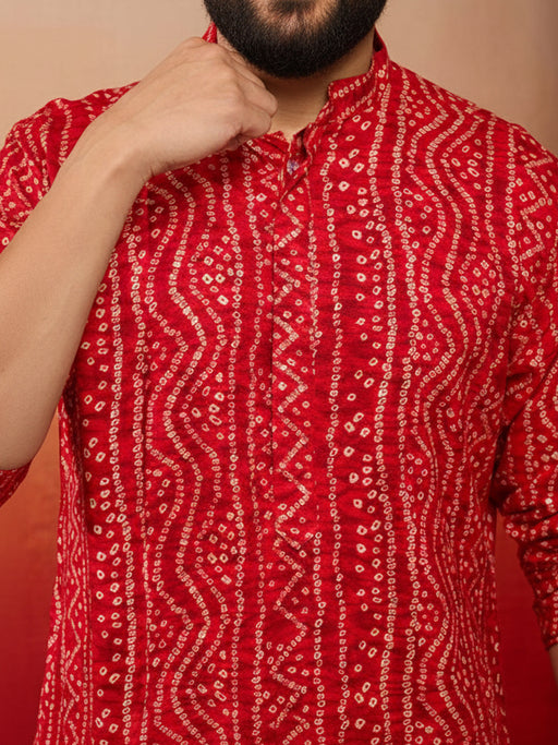 Men's Red Bandhani Print Kurta with Cream Pyjama