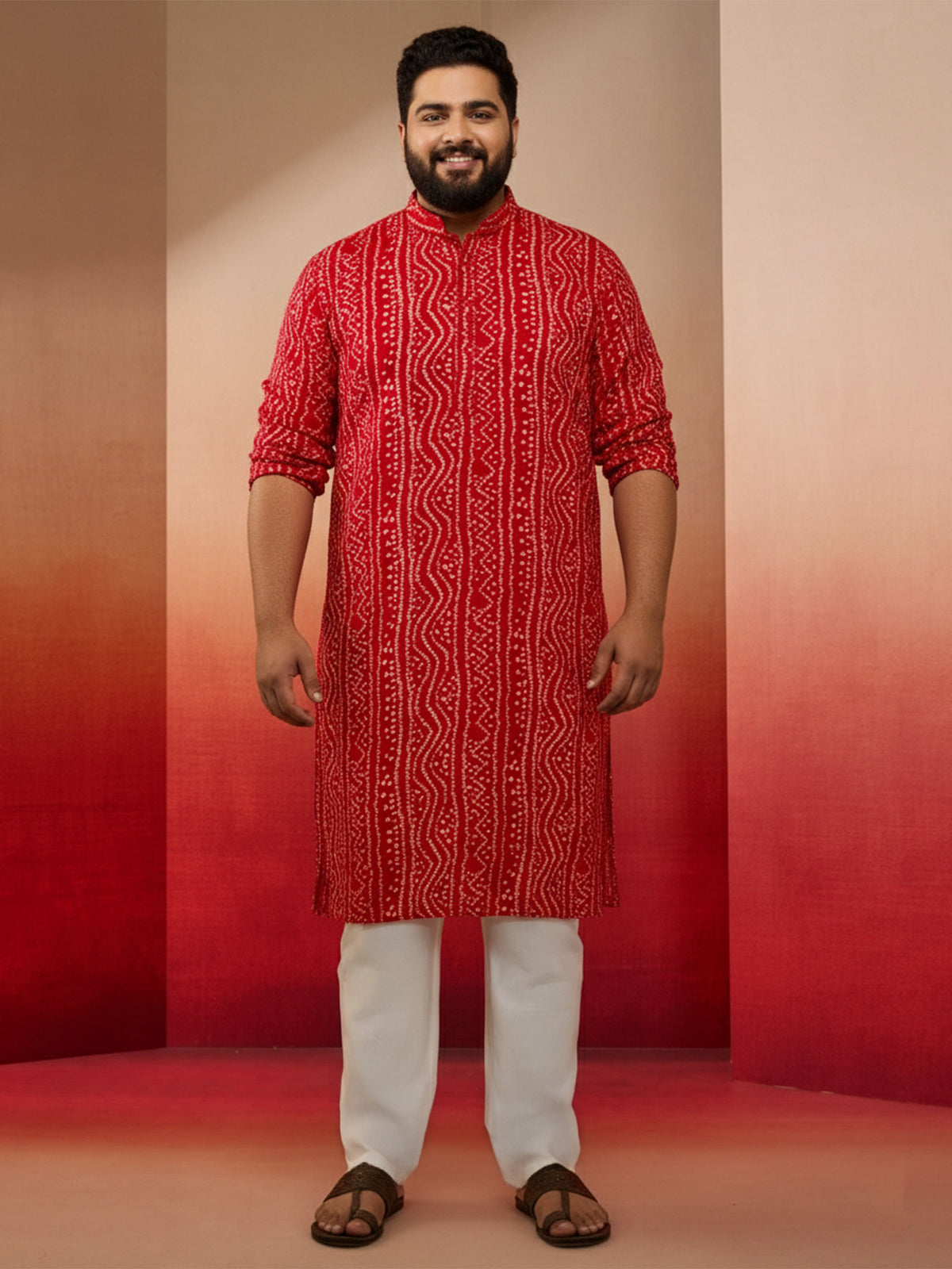 Men's Red Bandhani Print Kurta with Cream Pyjama