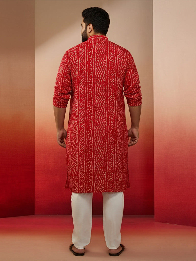 Men's Red Bandhani Print Kurta with Cream Pyjama
