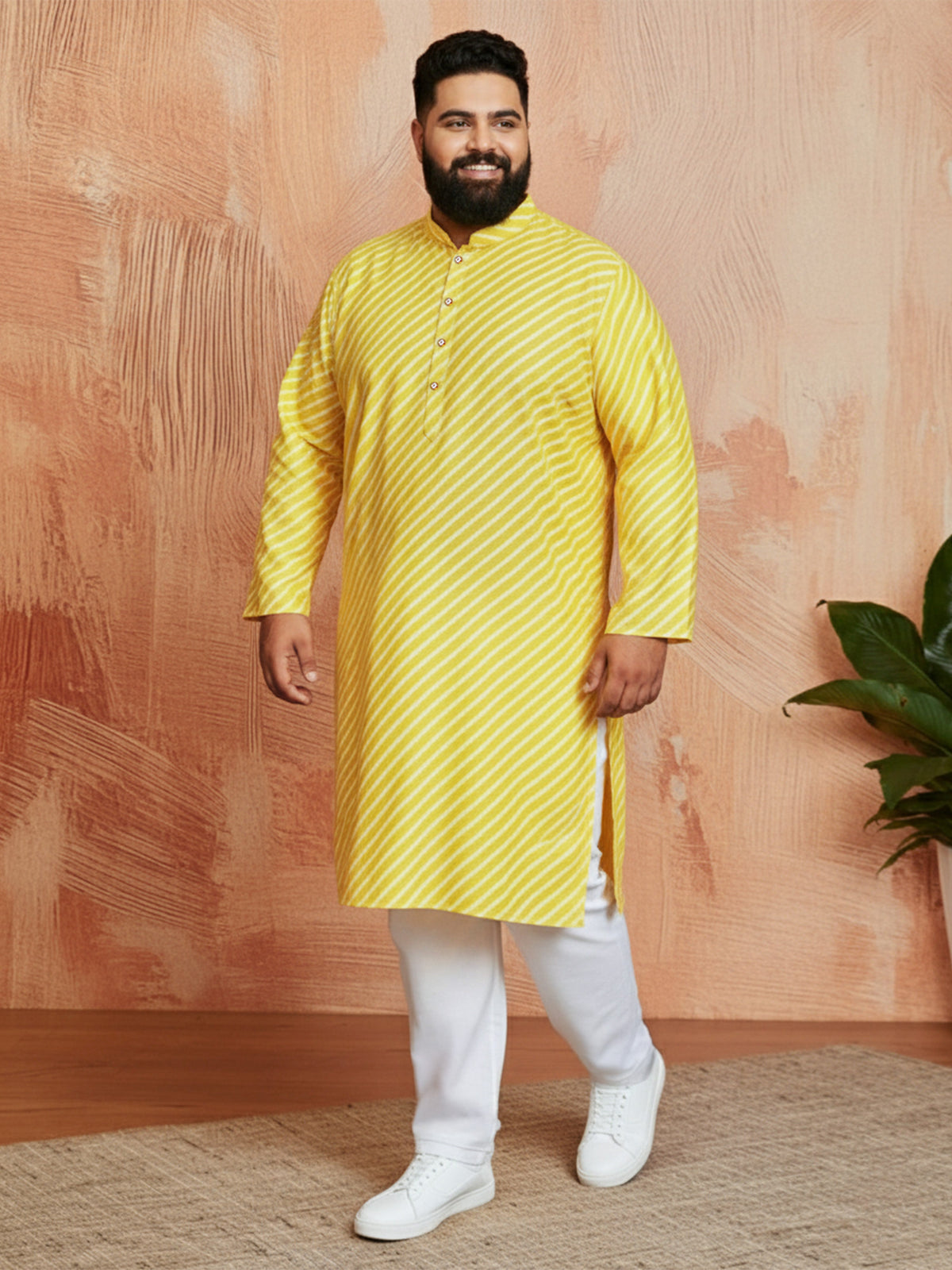 Men's Yellow Printed Kurta with Cream Pyjama