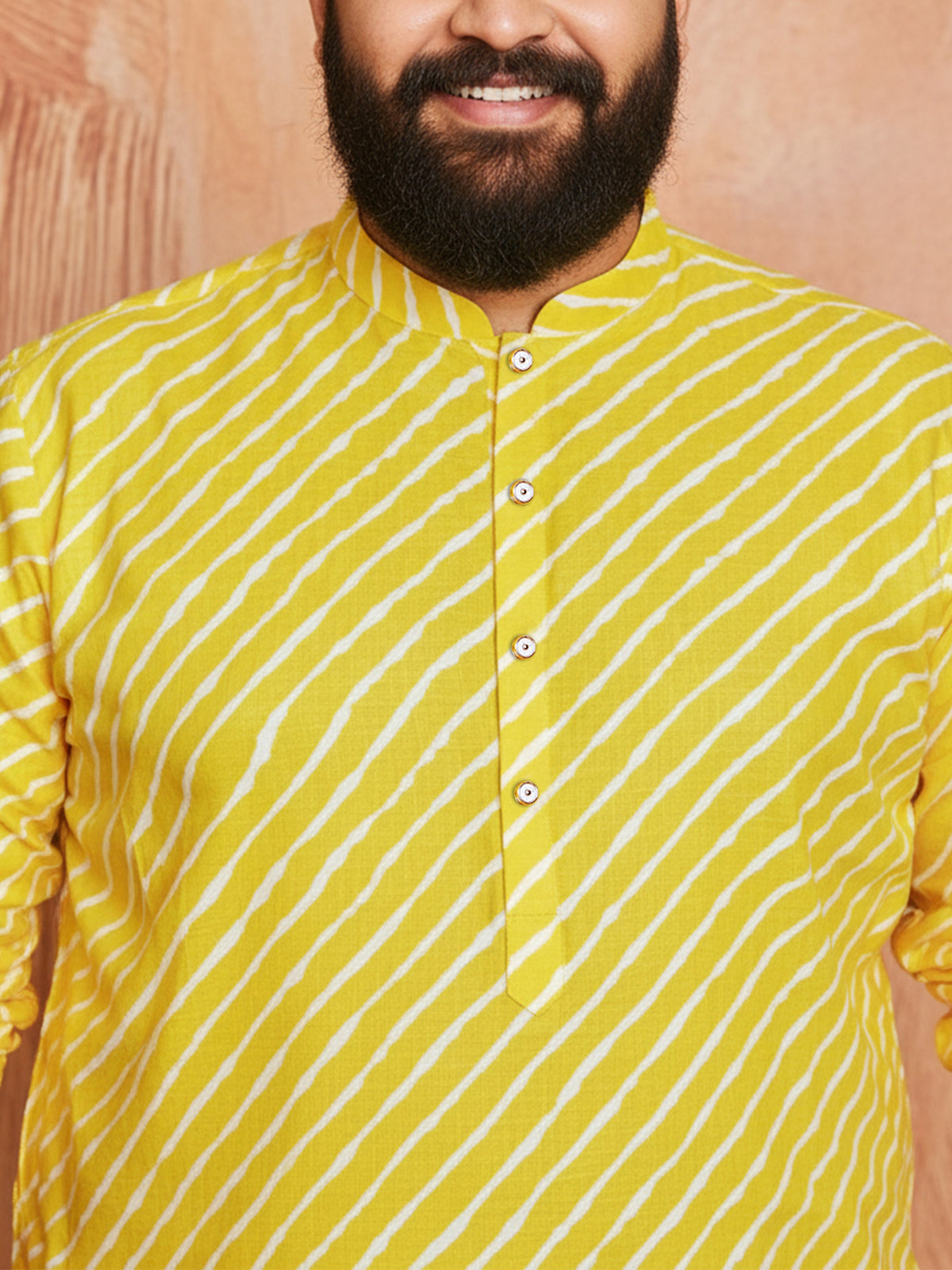 Men's Yellow Printed Kurta with Cream Pyjama