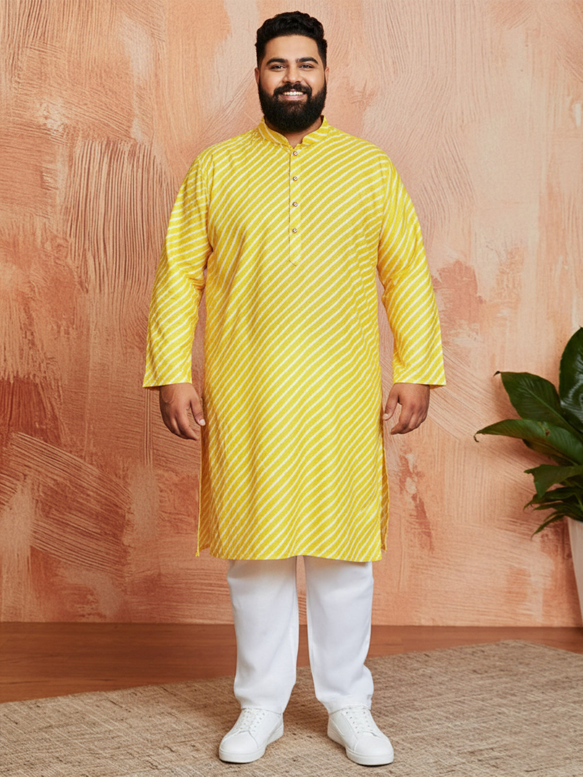 Men's Yellow Printed Kurta with Cream Pyjama