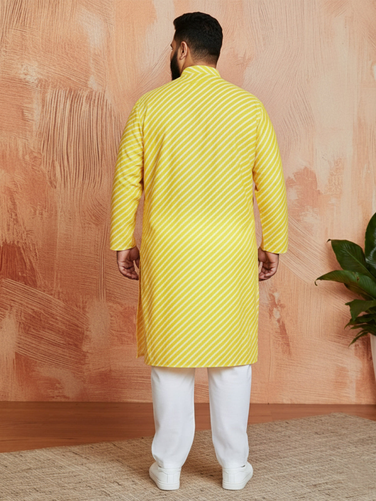 Men's Yellow Printed Kurta with Cream Pyjama