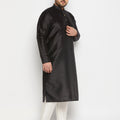Men's Plus Size  Black Silk Blend Kurta And Cream Pant Style Pyjama Set