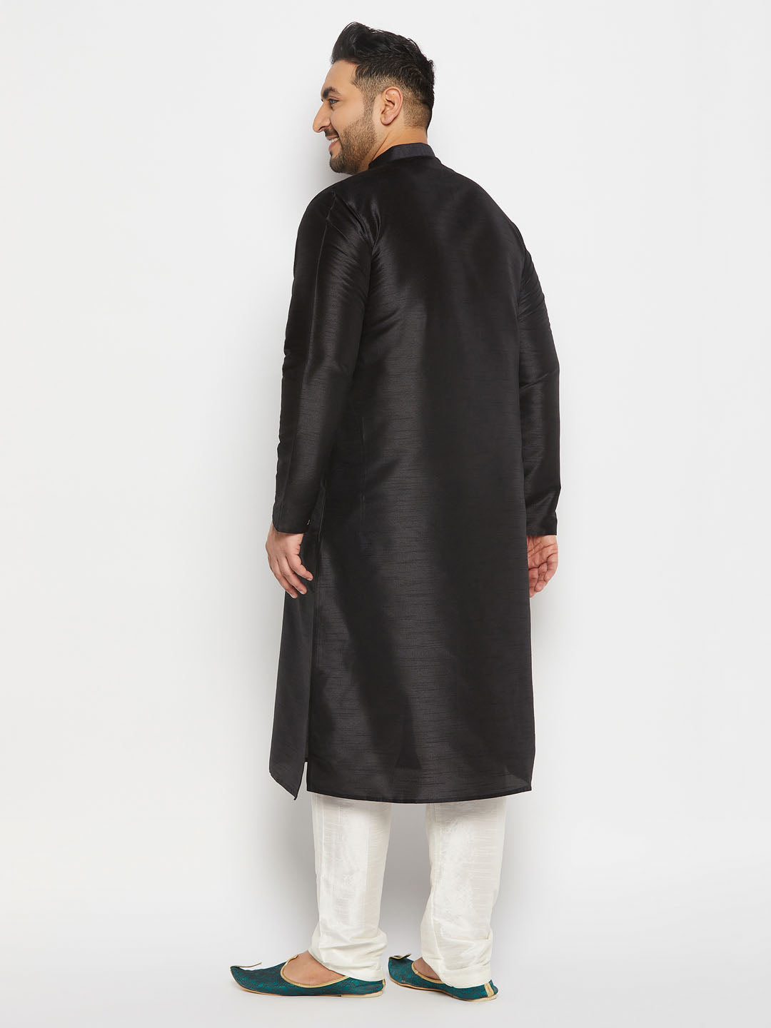 Men's Plus Size  Black Silk Blend Kurta And Cream Pant Style Pyjama Set