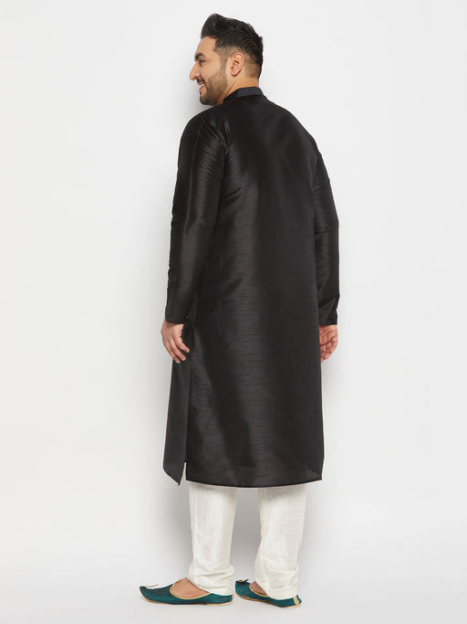 Men's Plus Size  Black Silk Blend Kurta And Cream Pant Style Pyjama Set