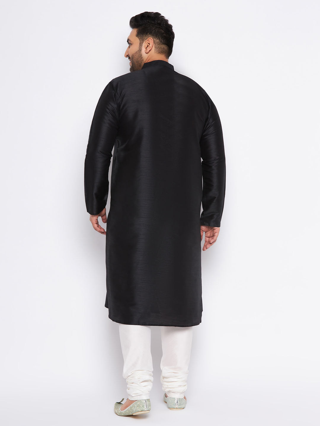 Men's Plus Size Black Cotton Silk Blend Kurta And Cream Pyjama Set