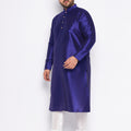 Men's Plus Size Dark Blue Silk Blend Kurta And White Pyjama Set