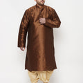 Men's Plus Size Coffee Silk Blend Kurta And Gold Dhoti Set