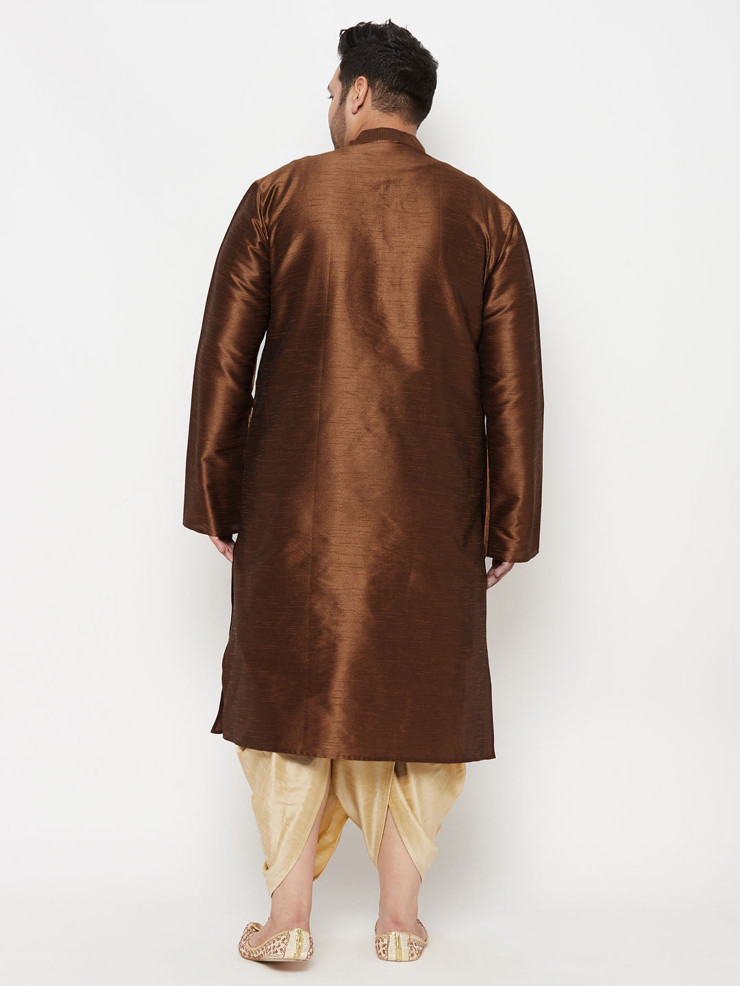 Men's Plus Size Coffee Silk Blend Kurta And Gold Dhoti Set