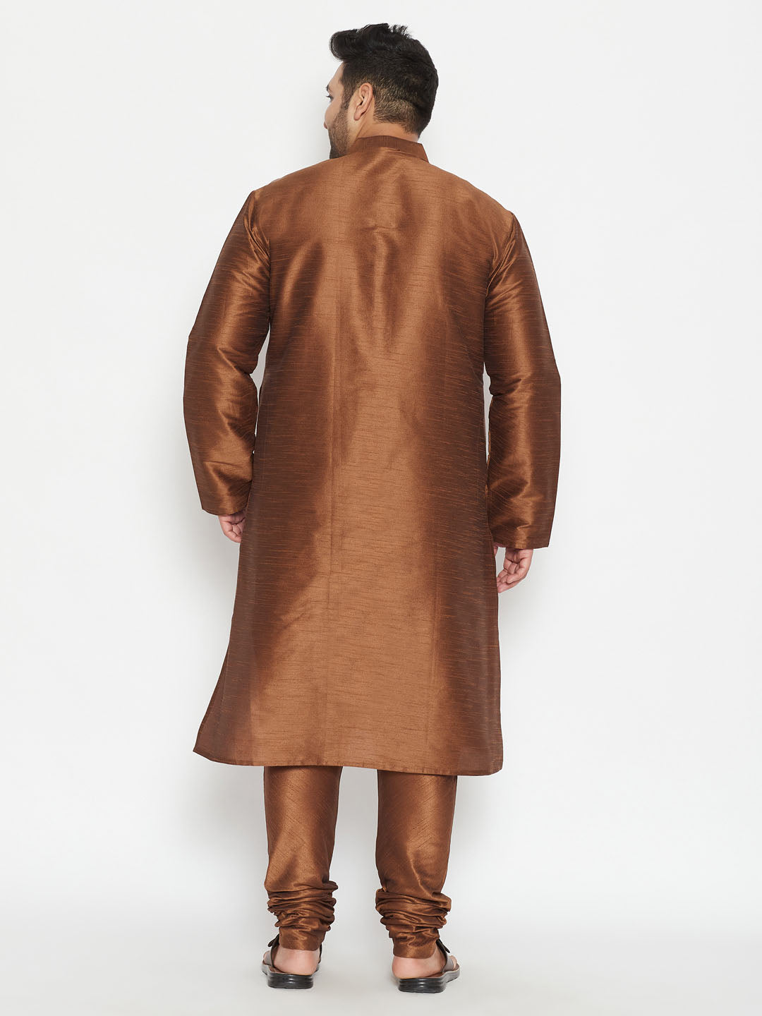 Men's Plus Size Coffee Brown Silk Blend Kurta Pyjama Set