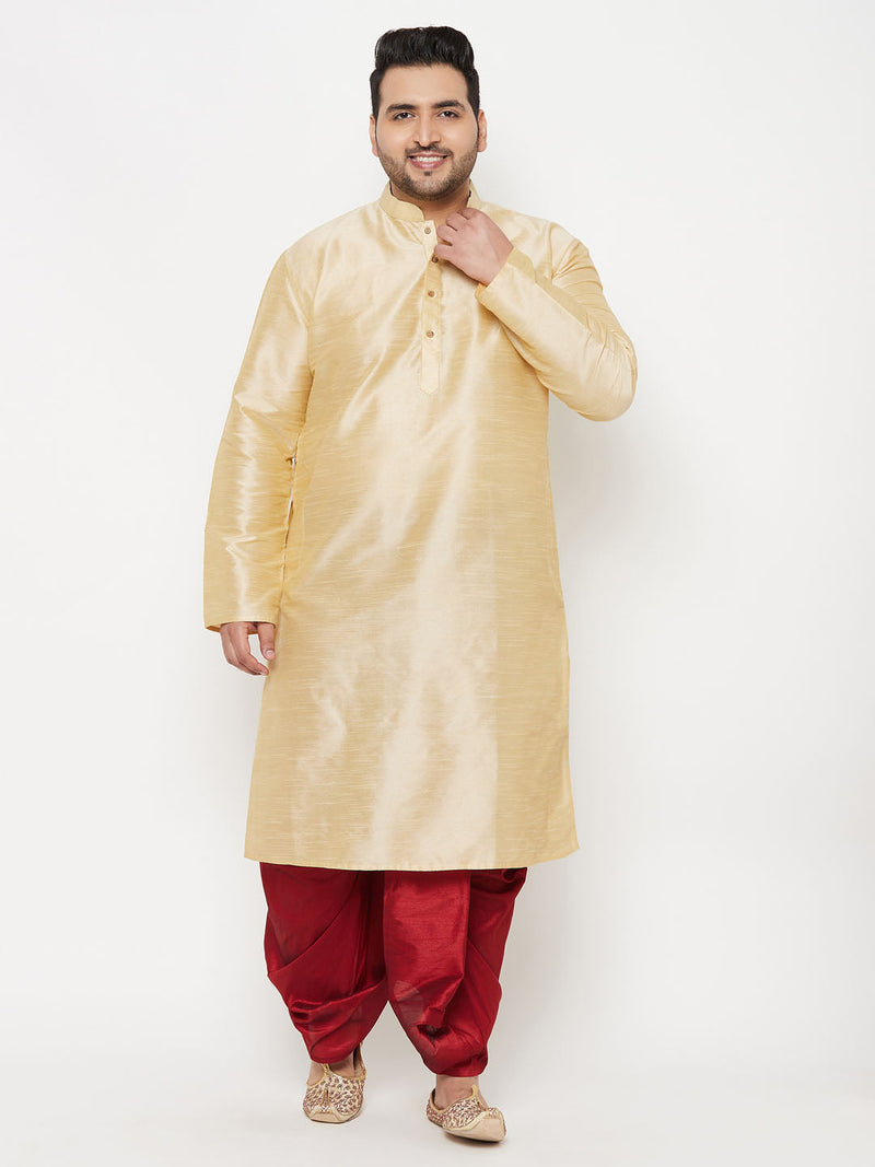 Men's Plus Size Gold Silk Blend Kurta And Maroon Solid Dhoti Set