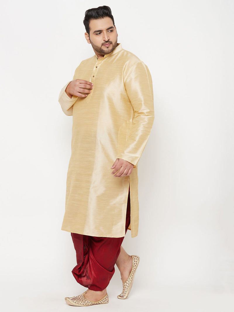 Men's Plus Size Gold Silk Blend Kurta And Maroon Solid Dhoti Set