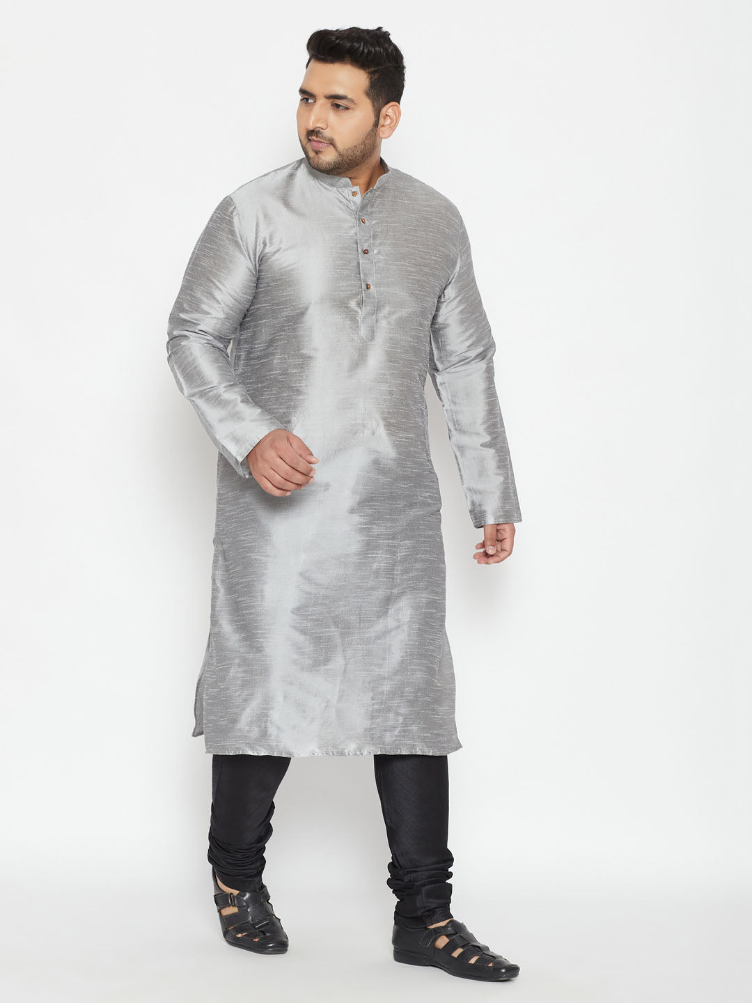 Men's Plus Size Grey And Black Silk Blend Kurta Pyjama Set