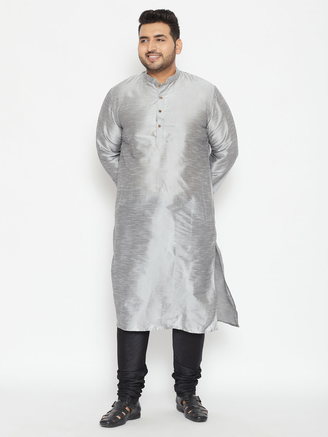 Men's Plus Size Grey And Black Silk Blend Kurta Pyjama Set